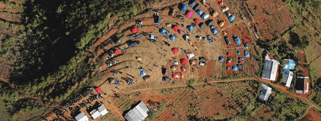 Campsite in Indonesia with emergency tents.