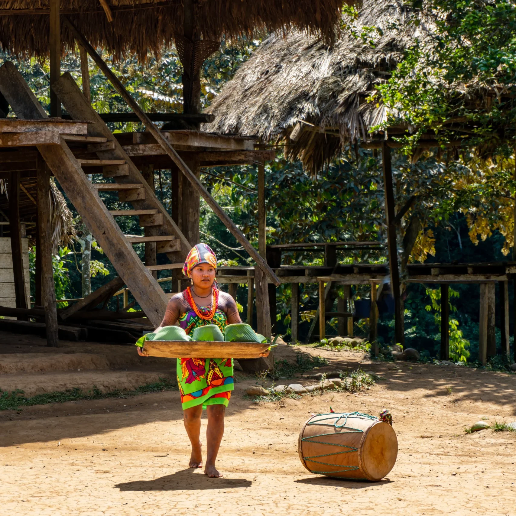 Panama - 2022: Young woman dressed in Paruma cloth brings a tray of food wrapped in banana leaves.
