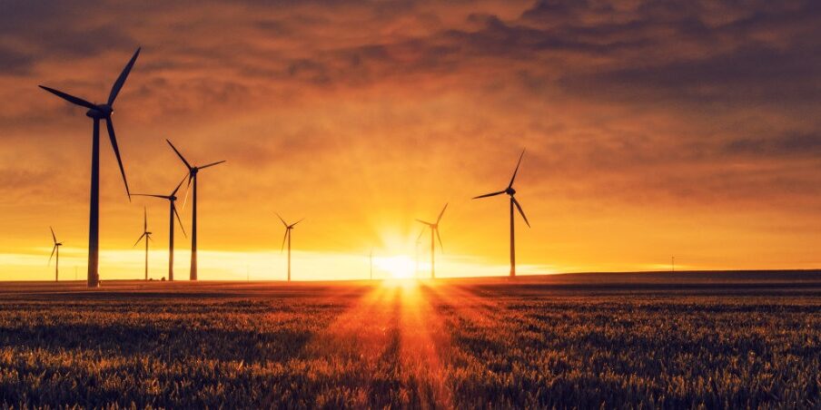 Wind turbines in a grass field at sunset