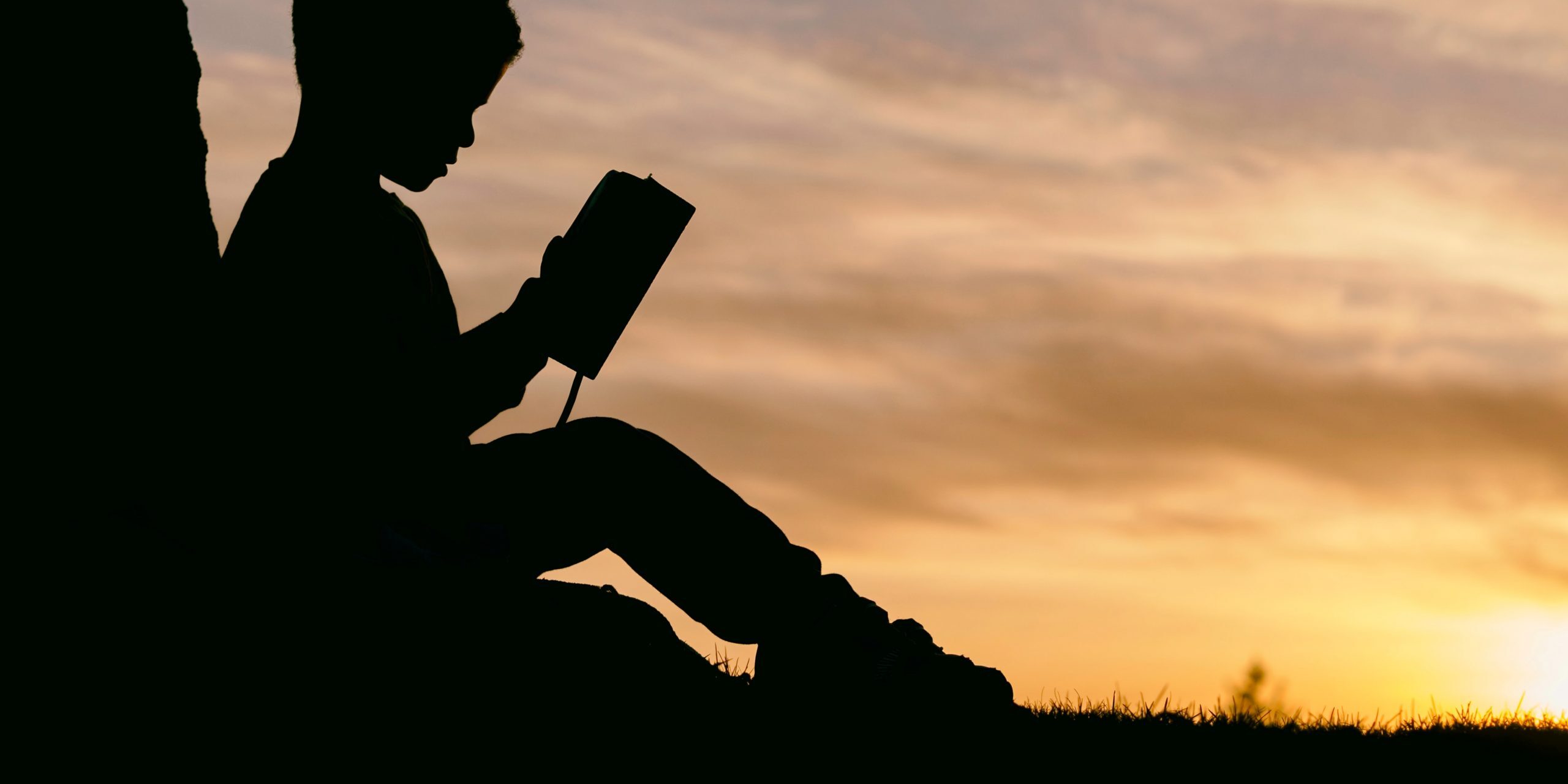 Silhouette of a boy reading in front of a sunset